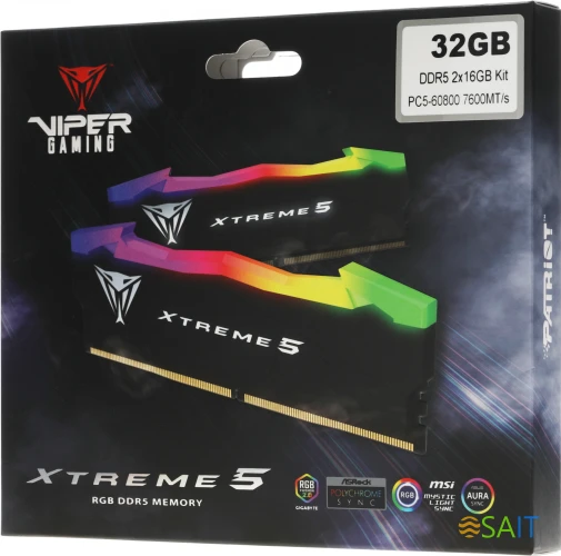 Память DDR5 2x16Gb 7600MHz Patriot PVXR532G76C36K Viper XTREME RGB RTL Gaming PC5-60800 CL36 DIMM 288-pin 1.45В с радиатором Ret