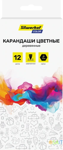 Карандаши цв. Silwerhof Color 2.8мм шестигран. дерево ассорти 12цв. коробка/европод.