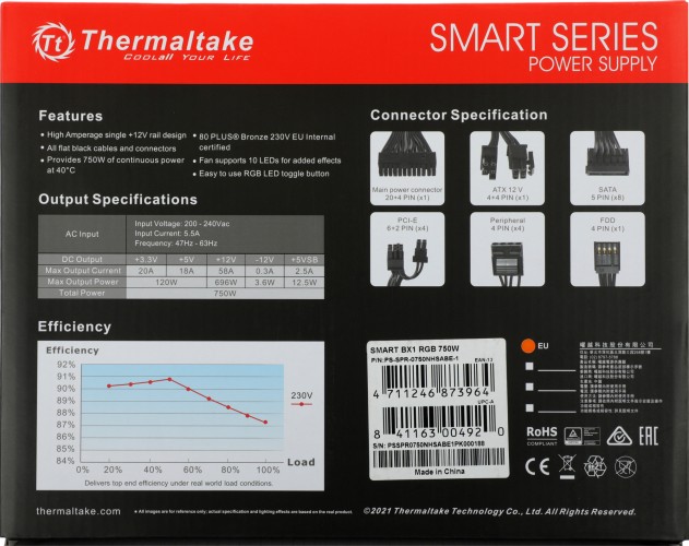 Блок питания Thermaltake ATX 750W Smart BX1 RGB 80+ bronze (20+4pin) APFC 120mm fan color LED 8xSATA RTL