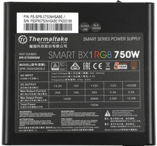 Блок питания Thermaltake ATX 750W Smart BX1 RGB 80+ bronze (20+4pin) APFC 120mm fan color LED 8xSATA RTL