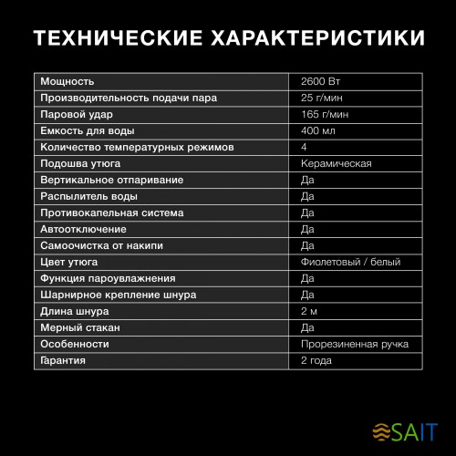 Утюг Hyundai H-SI01564 2600Вт фиолетовый/белый