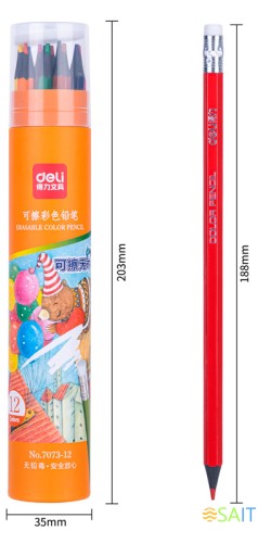 Карандаши цв. Deli 7073-12 пластик 12цв. туба пл. ластик