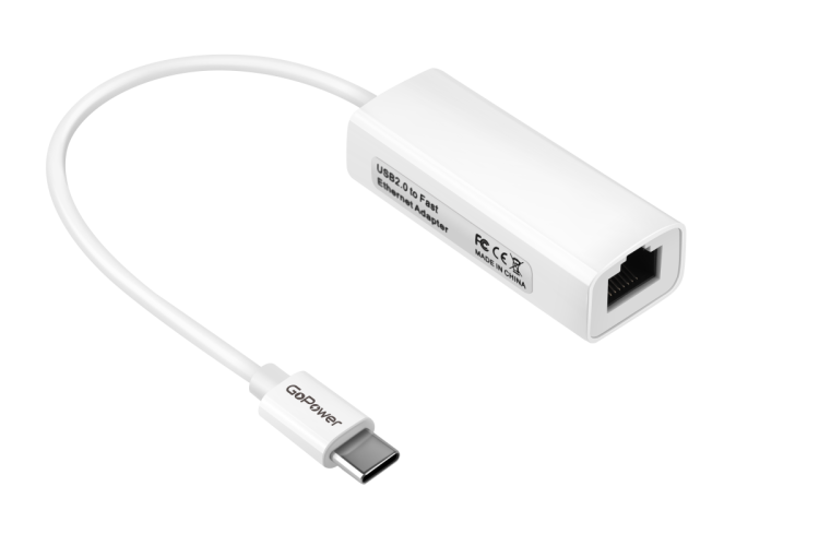Адаптер GoPower Type-C (m)-RJ-45 (f) 100 мб/с белый (1/100) GoPower 00-00029633
