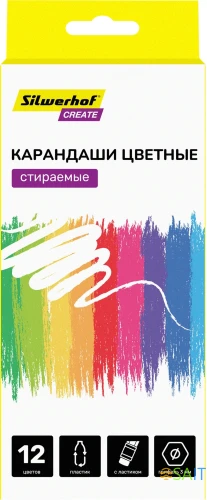 Карандаши цв. Silwerhof Create 3мм шестигран. пластик ассорти 12цв. коробка/европод. ластик
