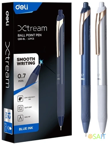 Ручка шариков. автоматическая Deli EQ88-BL d=0.7мм син. черн. карт.уп. игловидный пиш. наконечник резин. манжета чернила пониженной вязкости