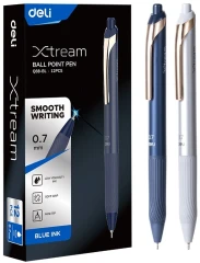 Ручка шариков. автоматическая Deli EQ88-BL d=0.7мм син. черн. карт.уп. игловидный пиш. наконечник резин. манжета чернила пониженной вязкости
