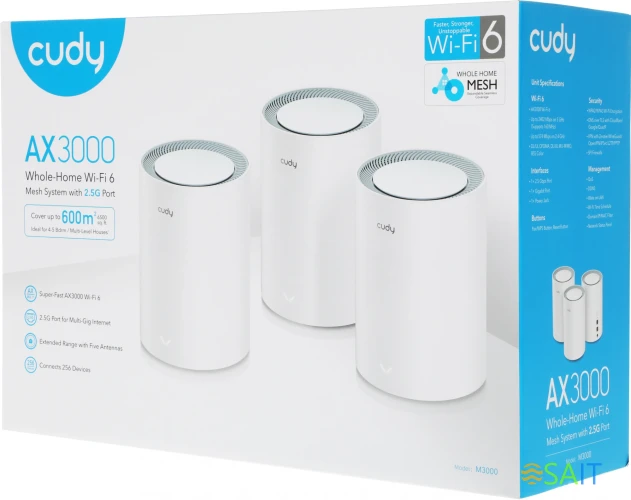 Бесшовный Mesh роутер Cudy M3000 (M3000(3-PACK) WHITE) AX3000 100/1000/2500BASE-T белый (упак.:3шт)