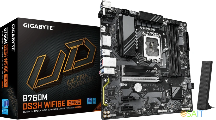 Материнская плата Gigabyte B760M DS3H WF6E GEN5 Soc-1700 Intel B760 4xDDR5 mATX AC`97 8ch(7.1) 2.5Gg RAID+HDMI+DP