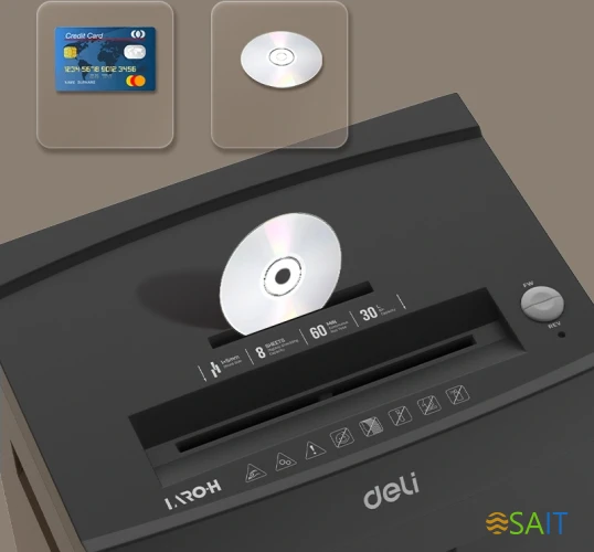 Шредер Deli Laro-H ET098 серый (секр.P-7) фрагменты 8лист. 30лтр. скрепки скобы пл.карты CD