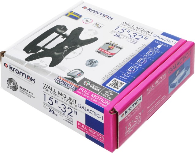 Кронштейн для телевизора Kromax GALACTIC-1 new черный 15"-32" макс.20кг настенный поворот и наклон