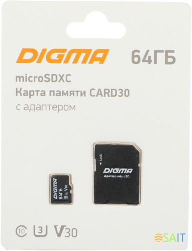 Флеш карта microSDXC 64GB Digma CARD30 V30 + adapter