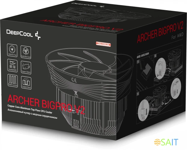 Устройство охлаждения(кулер) Deepcool Archer Bigpro V2 Soc-AM5/AM4/1200/1700/1851 черный/синий 4-pin 24.5-29.7dB Al+Cu 125W 380gr Ret (G-U-ARCHER-ARNNNN-G-3)