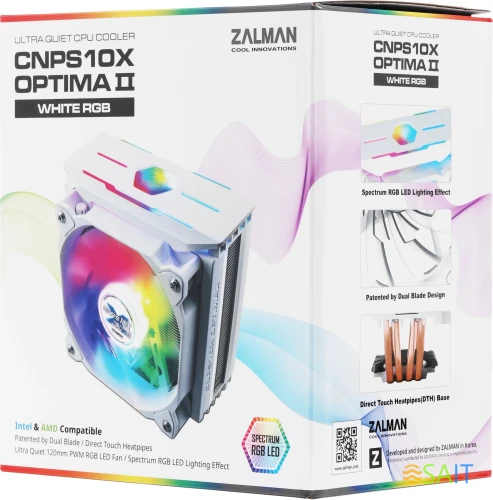 Устройство охлаждения(кулер) Zalman CNPS10X Optima II RGB Soc-AM5/AM4/1200/1700/1851 белый 4-pin 17-27dB Al+Cu 180W 740gr Ret (CNPS10X OPTIMA II WHITE RGB)