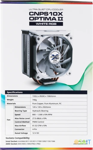 Устройство охлаждения(кулер) Zalman CNPS10X Optima II RGB Soc-AM5/AM4/1200/1700/1851 белый 4-pin 17-27dB Al+Cu 180W 740gr Ret (CNPS10X OPTIMA II WHITE RGB)