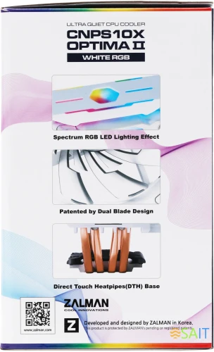 Устройство охлаждения(кулер) Zalman CNPS10X Optima II RGB Soc-AM5/AM4/1200/1700/1851 белый 4-pin 17-27dB Al+Cu 180W 740gr Ret (CNPS10X OPTIMA II WHITE RGB)