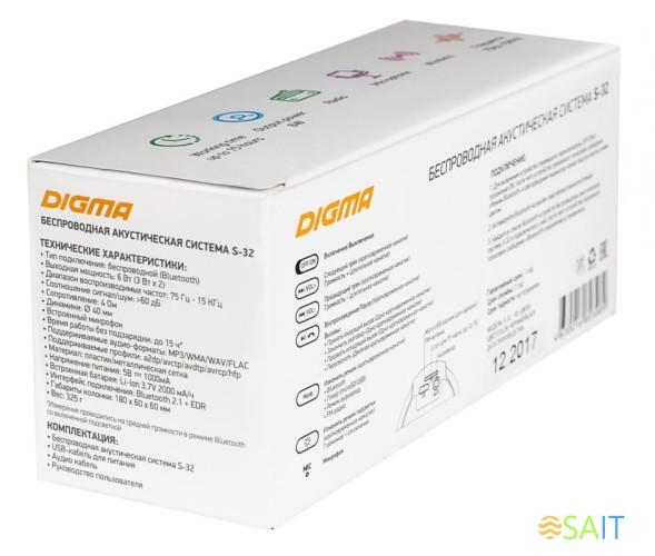 Колонка порт. Digma S-32 черный 6W 1.0 BT 2000mAh (SP326B)