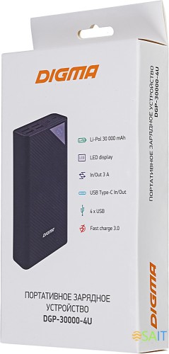 Мобильный аккумулятор Digma DGP-30000-4U 30000mAh QC4.0/PD3.0 22.5W 3A 4xUSB-A/USB-C черный (DGP-30000-4U-B)