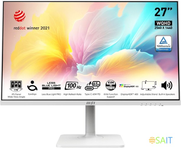 Монитор MSI 27" Modern MD272QXPW белый IPS LED 1ms 16:9 HDMI M/M матовая HAS Piv 400cd 178гр/178гр 2560x1440 100Hz DP Quad 2K (1440p) USB 5.85кг
