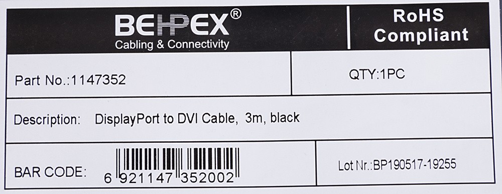 Кабель DisplayPort (m) DVI (m) 3м черный