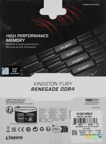 Память DDR4 8GB 3600MHz Kingston KF436C16RB2/8 Fury Renegade Black RTL Gaming PC4-28800 CL16 DIMM 288-pin 1.35В dual rank с радиатором Ret