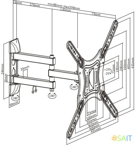 Кронштейн для телевизора Ultramounts UM870 черный 23"-55" макс.30кг настенный поворот и наклон