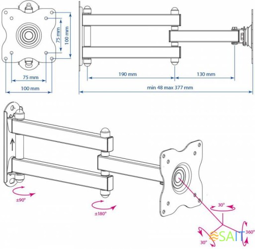 Кронштейн для телевизора Kromax DIX-15 черный 15"-28" макс.30кг настенный поворот и наклон