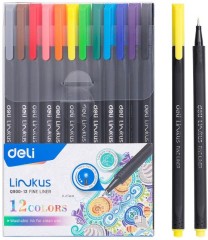 Набор ручек капилляр. Deli Linkus (EQ900-12) d=0.45мм ассор. черн. игловидный пиш. наконечник линия 0.45мм 12цв.