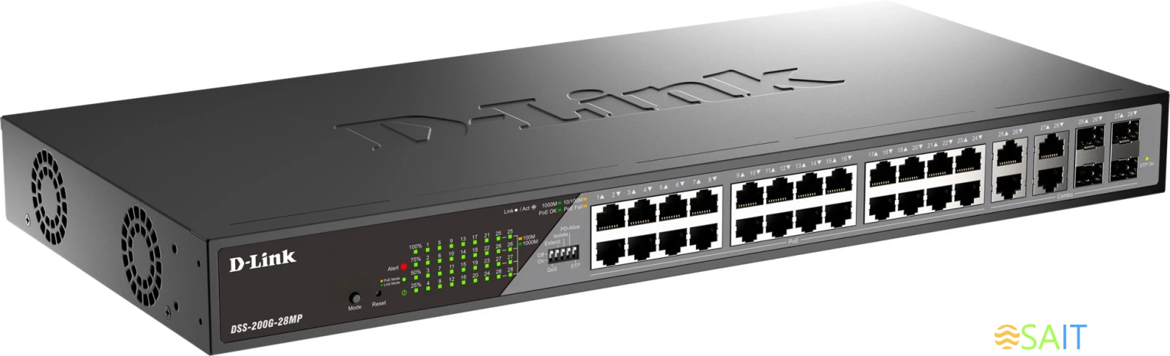 Коммутатор D-Link DSS-200G-28MP/A1A (L2) 24x1Гбит/с 4xКомбо(1000BASE-T/SFP) 24PoE 24PoE+ 370W настраиваемый