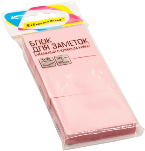 Блок самоклеящийся бумажный Silwerhof 38x51мм 100лист. 75г/м2 пастель розовый европодвес (упак.:3шт)