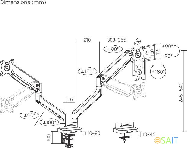 Кронштейн для мониторов Ultramounts UM731 черный 17"-35" макс.16кг крепление к столешнице поворот и наклон