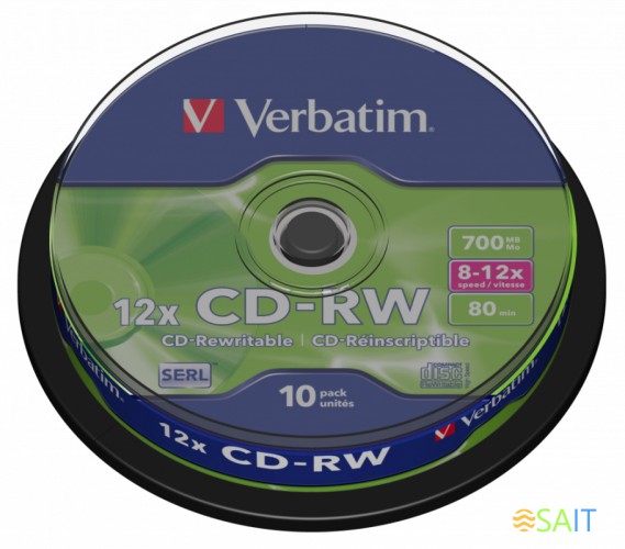 Диск CD-RW Verbatim 700Mb 12x Cake Box (10шт) (43480)