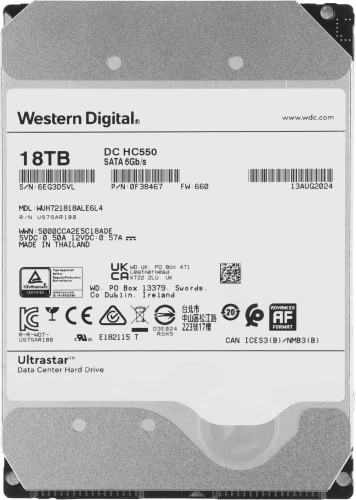 Жесткий диск WD SATA-III 18TB 0F38467 WUH721818ALE6L4 Server Ultrastar DC HC550 512E (7200rpm) 512Mb 3.5"