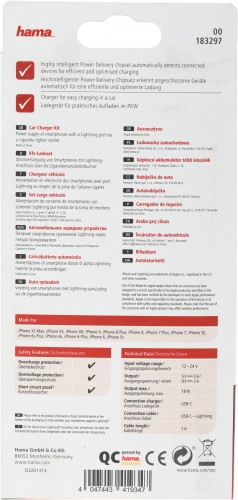 Автомобильное зар./устр. Hama H-183297 3A (PD) USB Type-C для Apple белый (00183297)