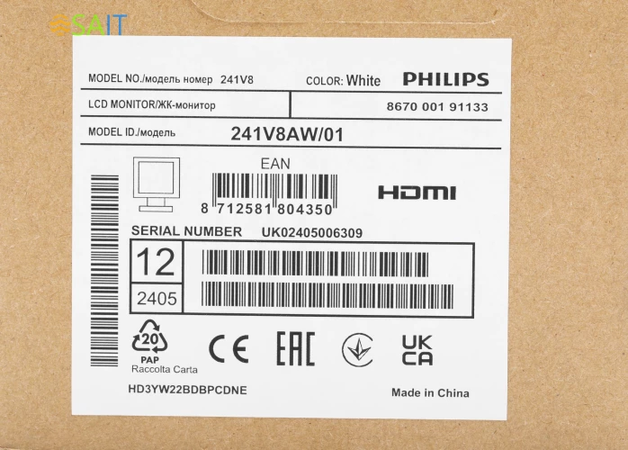 Монитор Philips 23.8" V Line 241V8AW (00/01) белый IPS LED 16:9 HDMI M/M матовая 250cd 178гр/178гр 1920x1080 75Hz VGA FHD 2.87кг