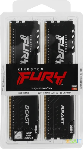 Память DDR4 2x32Gb 3600MHz Kingston KF436C18BBK2/64 Fury Beast Black RTL Gaming PC4-28800 CL18 DIMM 288-pin 1.35В dual rank с радиатором Ret