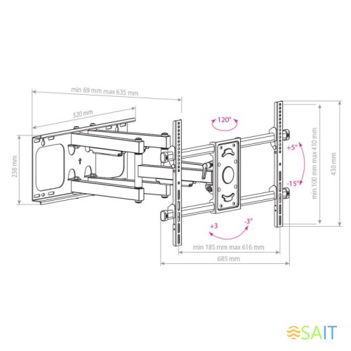 Кронштейн для телевизора Arm Media PARAMOUNT-70 черный 32"-90" макс.65кг настенный поворотно-выдвижной и наклонный