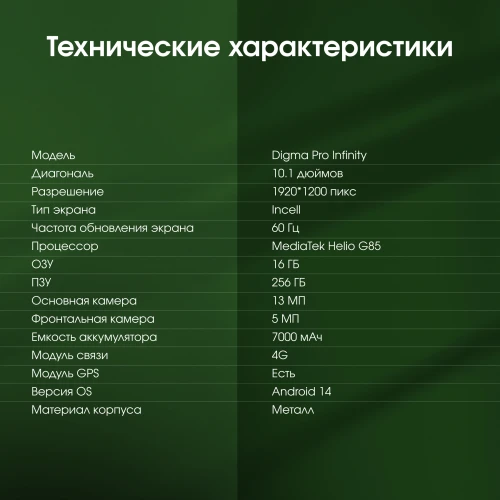 Планшет Digma Pro Infinity G85 (2.0) 8C RAM8Gb ROM256Gb 10.1" In-Cell 1920x1200 4G Android 14 серебристый 13Mpix 5Mpix BT WiFi microSD 128Gb 7000mAh 200hrs