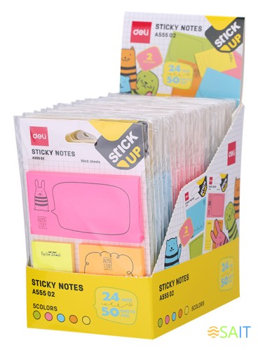 Блок самоклеящийся бумажный Deli Stick UP EA55502 50лист. ассорти 5цв.в упак. несколько размеров европодвес