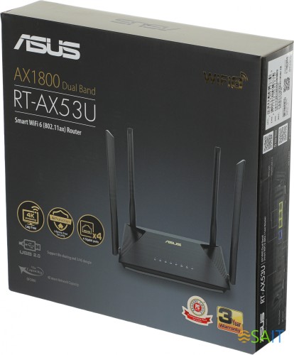 Роутер беспроводной Asus RT-AX53U AX1800 10/100/1000BASE-TX/4G ready черный