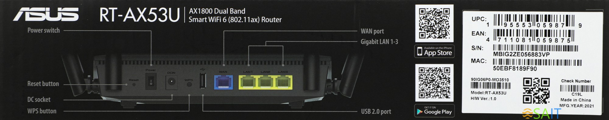 Роутер беспроводной Asus RT-AX53U AX1800 10/100/1000BASE-TX/4G ready черный