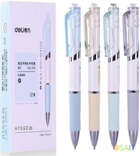 Набор ручек гелев. автоматическая Deli (S11-BK-P) ассорти черн. черн. кор.карт. (12шт) линия 0.5мм резин. манжета