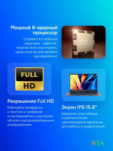 Ноутбук Asus Vivobook 15 M1502YA-BQ579 Ryzen 7 5825U 16Gb SSD512Gb AMD Radeon Graphics 15.6" IPS FHD (1920x1080) без ОС blue WiFi BT Cam (90NB0X21-M00VR0)