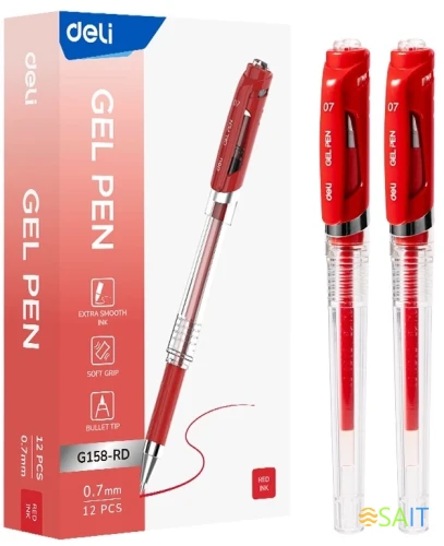 Ручка гелев. Deli EG158-RD прозрачный d=0.7мм красн. черн. резин. манжета