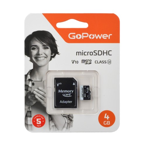Карта памяти microSD GoPower 4GB Class10 15 МБ/сек V10 с адаптером GoPower 4GB Class10 15 МБ/сек V10 с адаптером