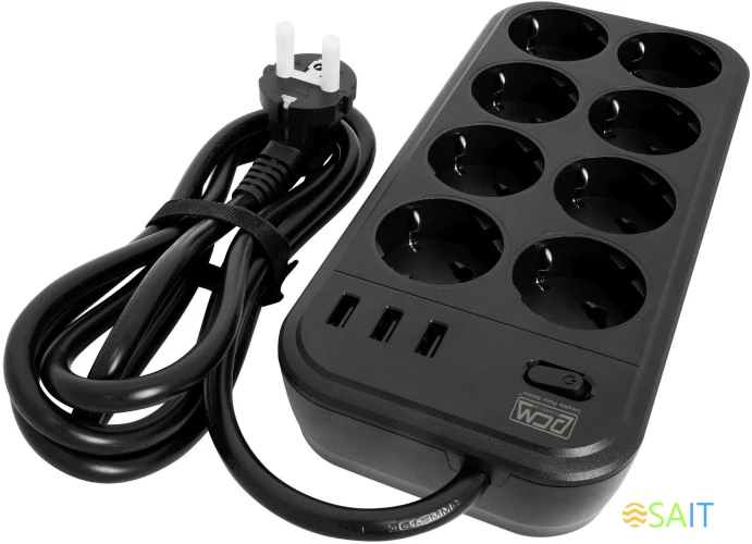 Сетевой фильтр Powercom SP-08 USB03AB 3,0М 3м (8 розеток) черный (коробка)