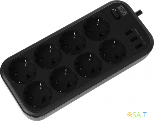 Сетевой фильтр Powercom SP-08 USB03AB 3,0М 3м (8 розеток) черный (коробка)