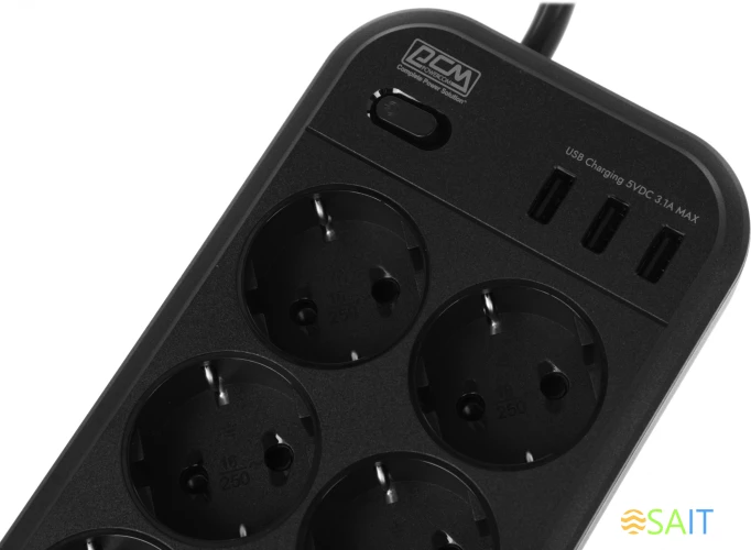 Сетевой фильтр Powercom SP-08 USB03AB 3,0М 3м (8 розеток) черный (коробка)