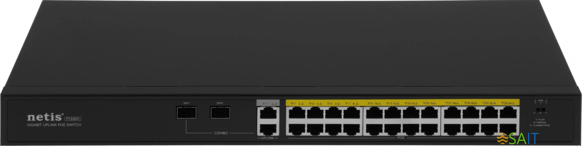 Коммутатор Netis P124GH (L2) 24x100Мбит/с 2x1Гбит/с 1xКомбо(1000BASE-T/SFP) 1SFP 24PoE 24PoE+ 360W неуправляемый