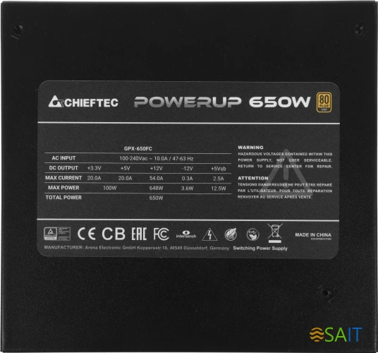 Блок питания Chieftec ATX 650W PowerUp GPX-650FC 80+ gold (20+4pin) APFC 120mm fan 9xSATA Cab Manag RTL