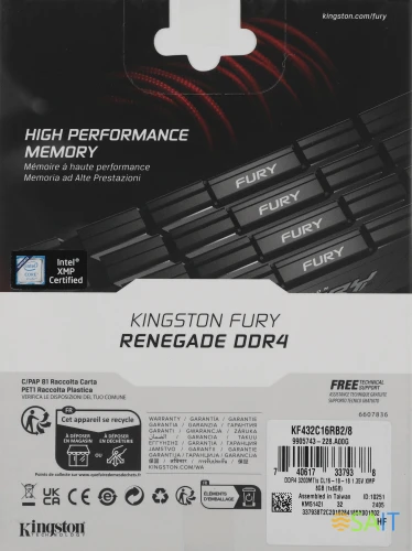 Память DDR4 8GB 3200MHz Kingston KF432C16RB2/8 Fury Renegade Black RTL Gaming PC4-25600 CL16 DIMM 288-pin 1.35В dual rank с радиатором Ret